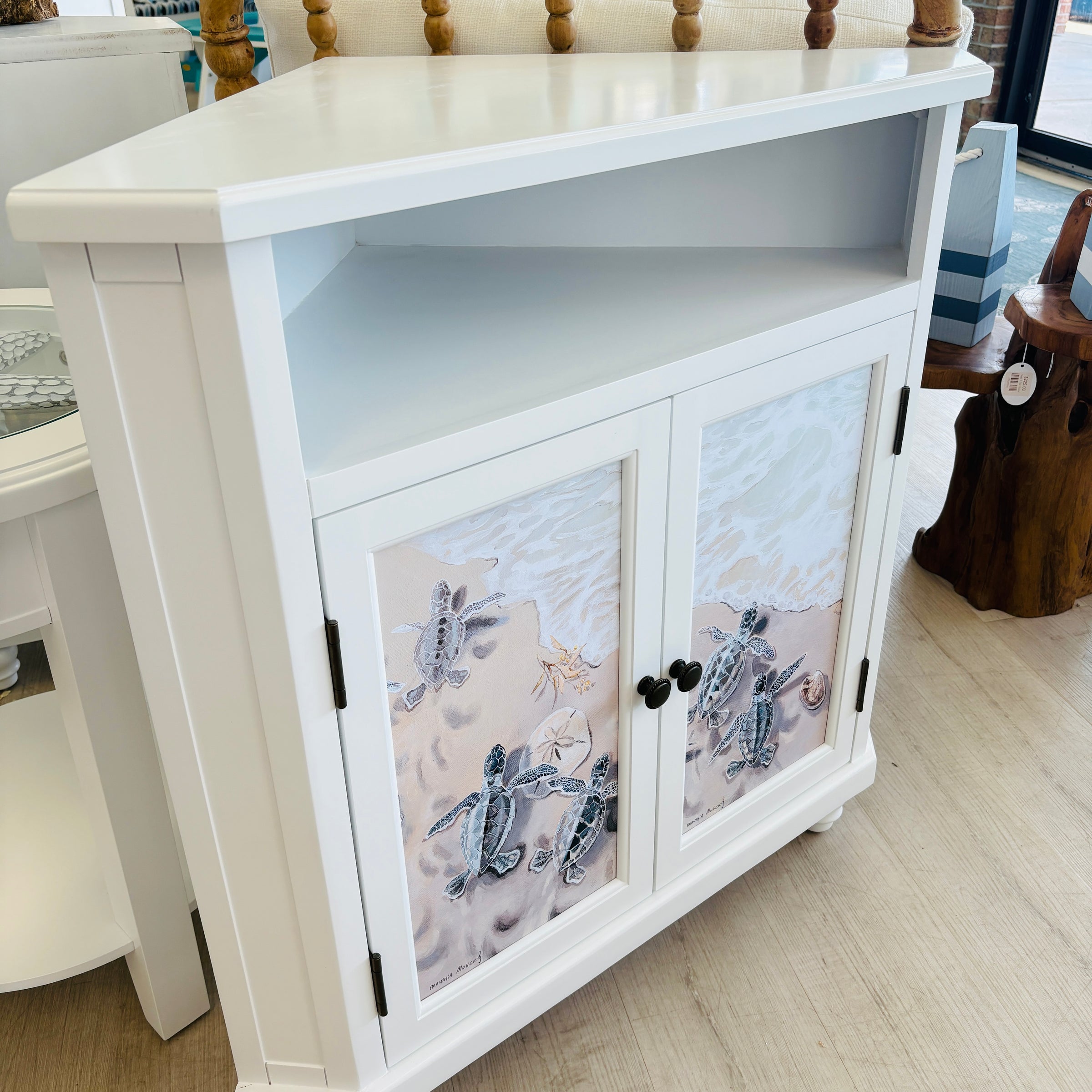 Large Coastal Accent Corner Cabinet w/ Anastasia Musick Artwork