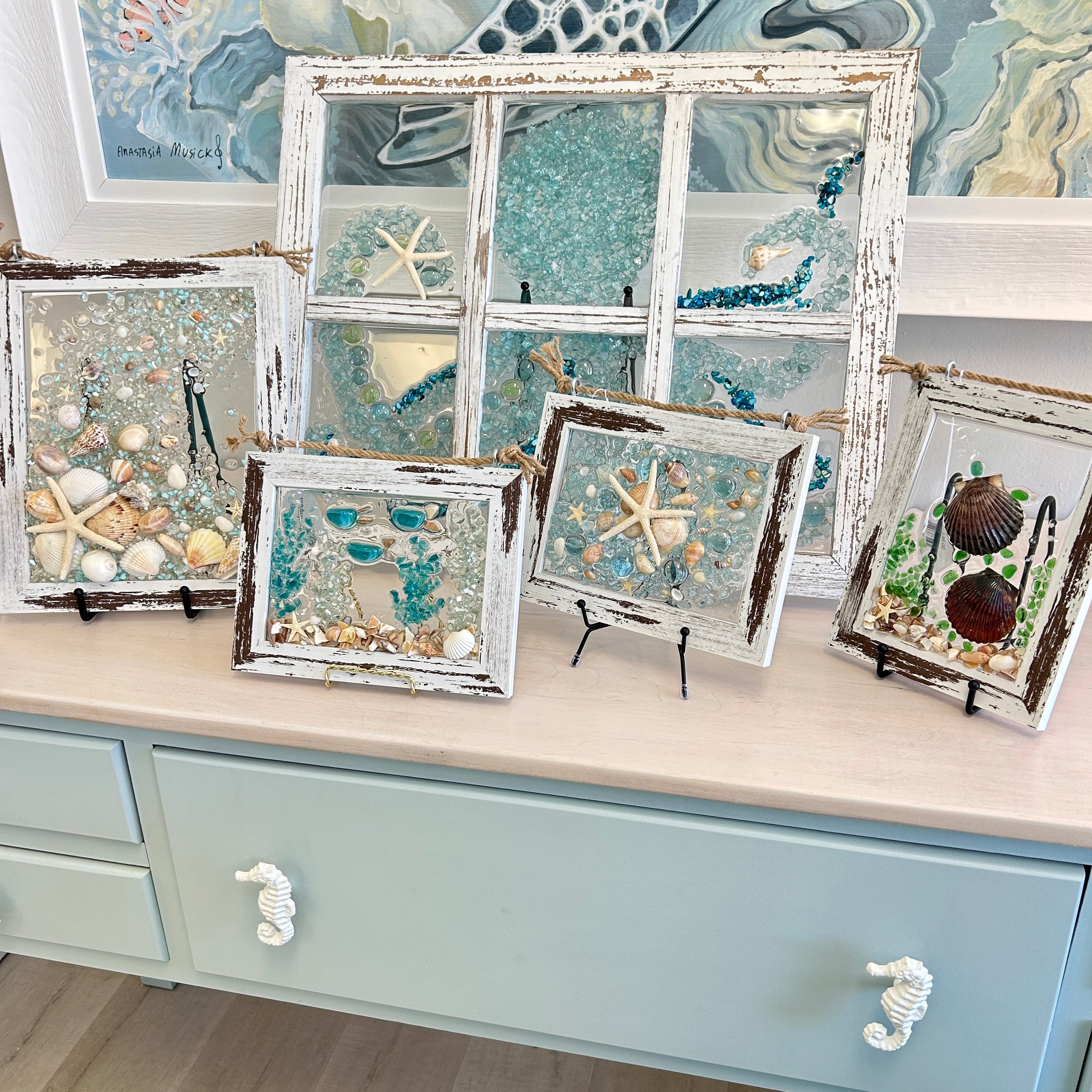 Assorted Coastal Glass Art w/ Shells, Glass, Resin, Sand- 5"x 7"