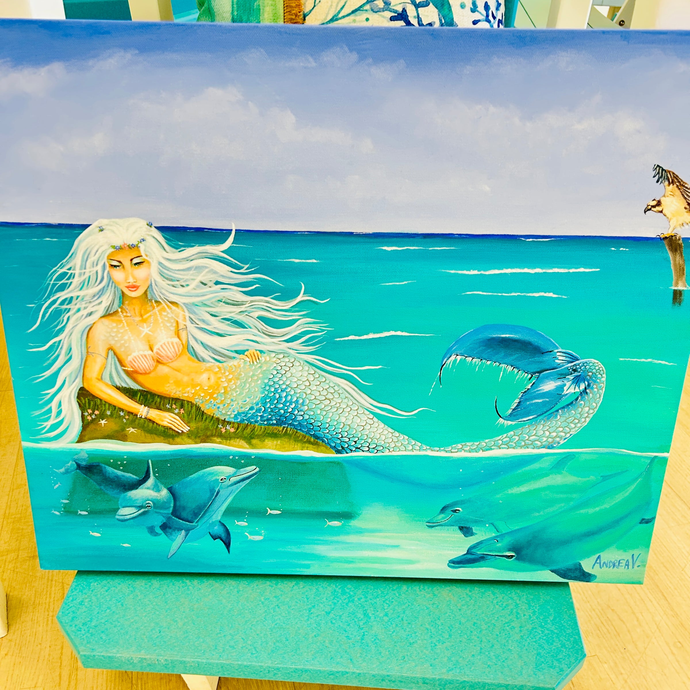 Original Mermaid Painting w/ Dolphins