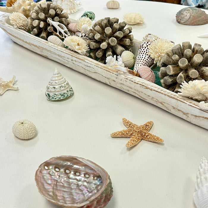 Extra Long Hand Carved Rectangular Wooden Bowl Centerpiece w/ Shells, Sea Glass, Starfish, Driftwood Spheres