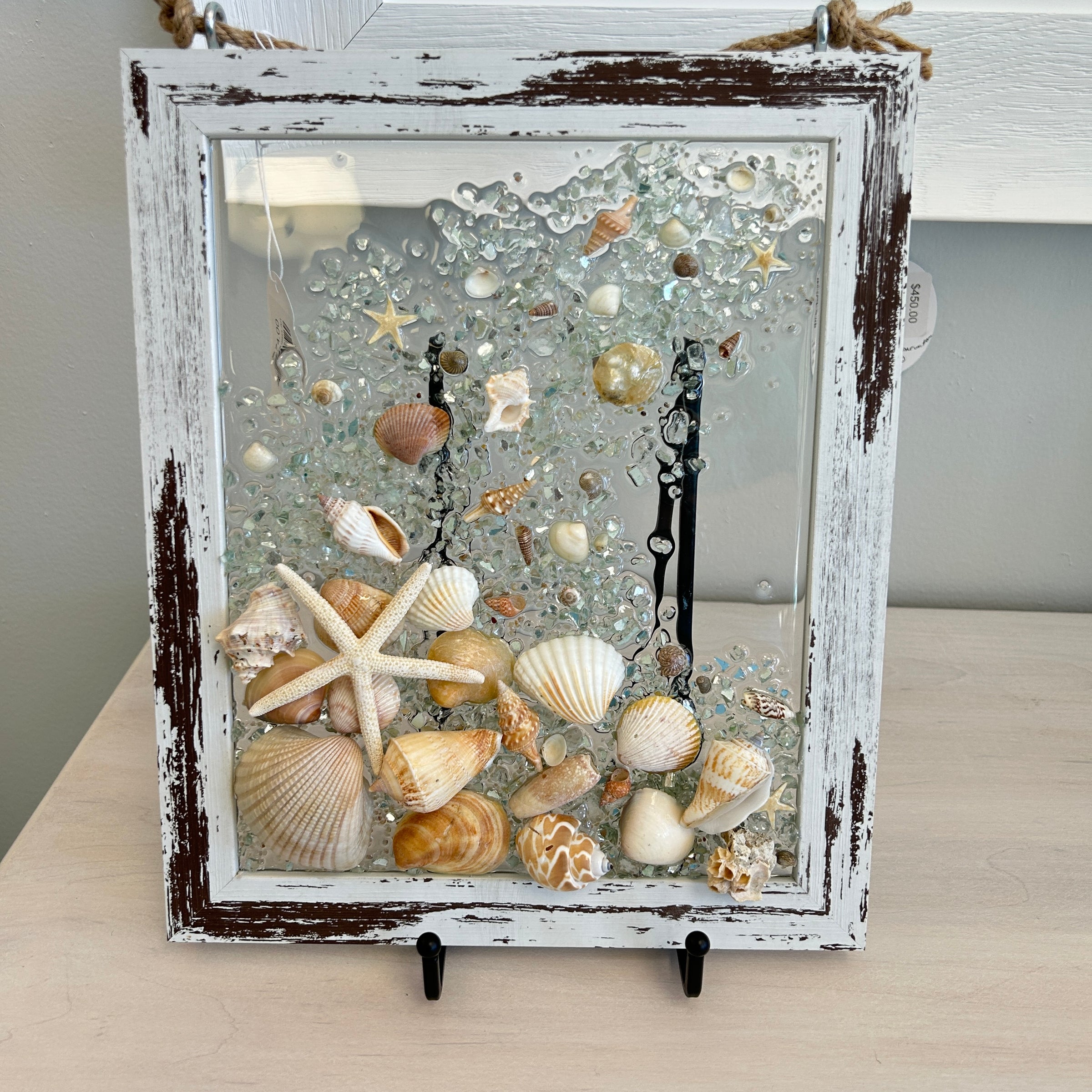 Coastal Glass Art w/ Shells, Glass, Resin, Sand- 8"x10"