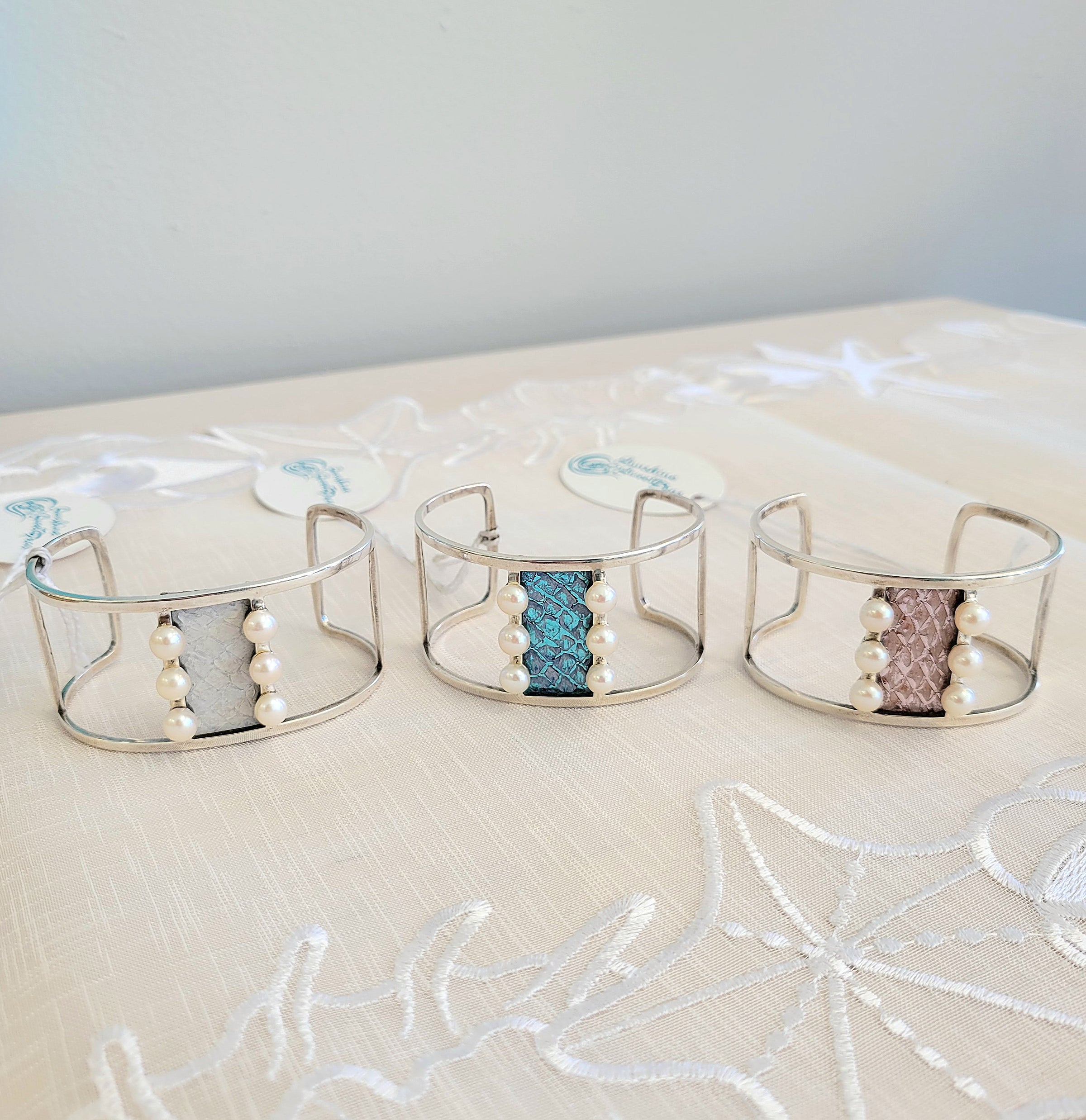 Leathered Salmon Skin w/Freshwater Pearls Sterling Silver Cuff Bracelet