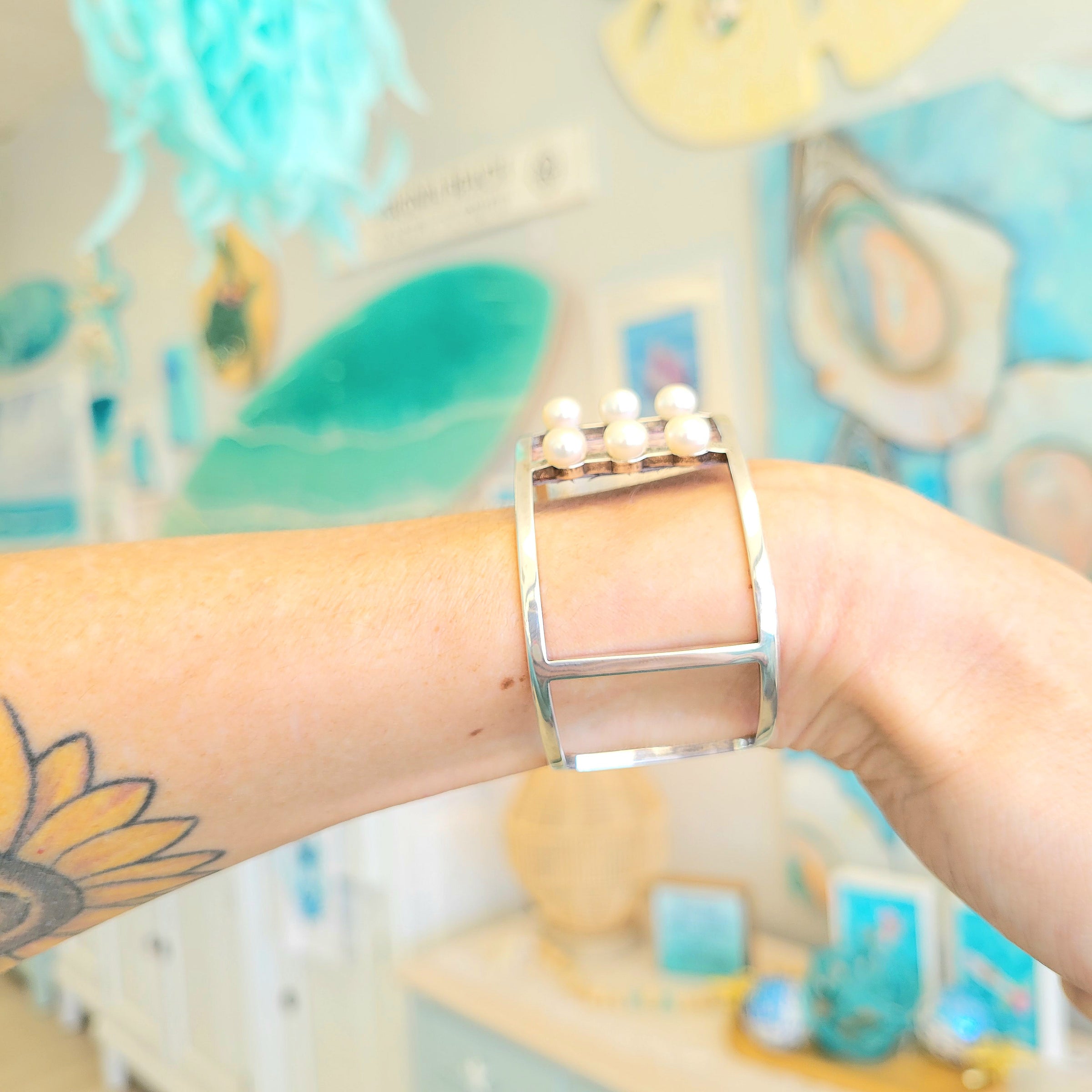 Leathered Salmon Skin w/Freshwater Pearls Sterling Silver Cuff Bracelet