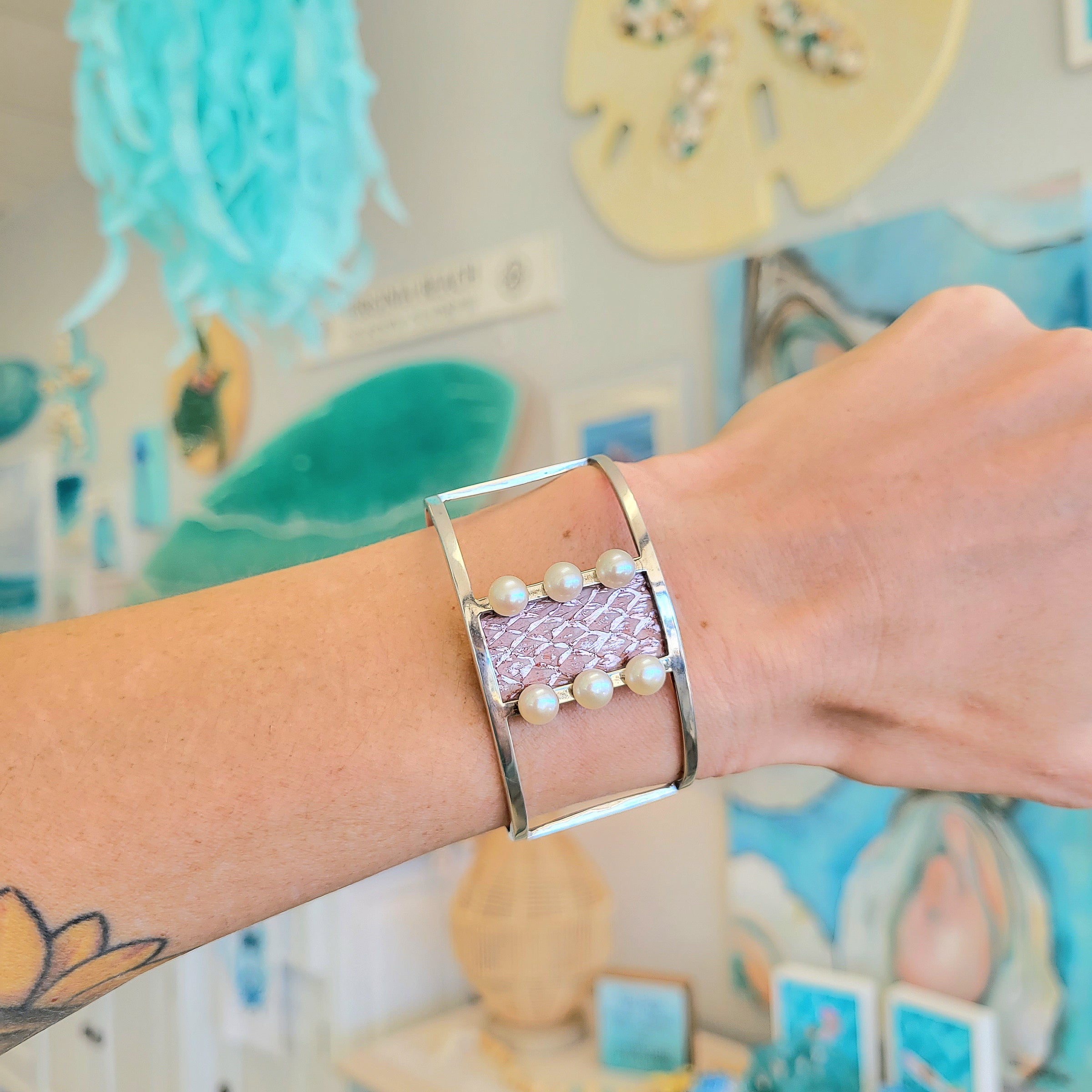 Leathered Salmon Skin w/Freshwater Pearls Sterling Silver Cuff Bracelet