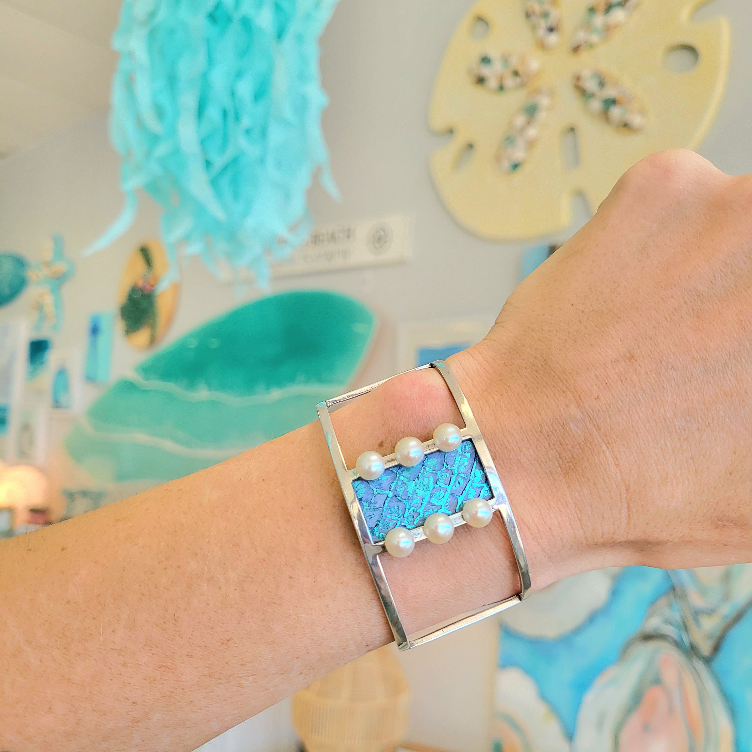 Leathered Salmon Skin w/Freshwater Pearls Sterling Silver Cuff Bracelet