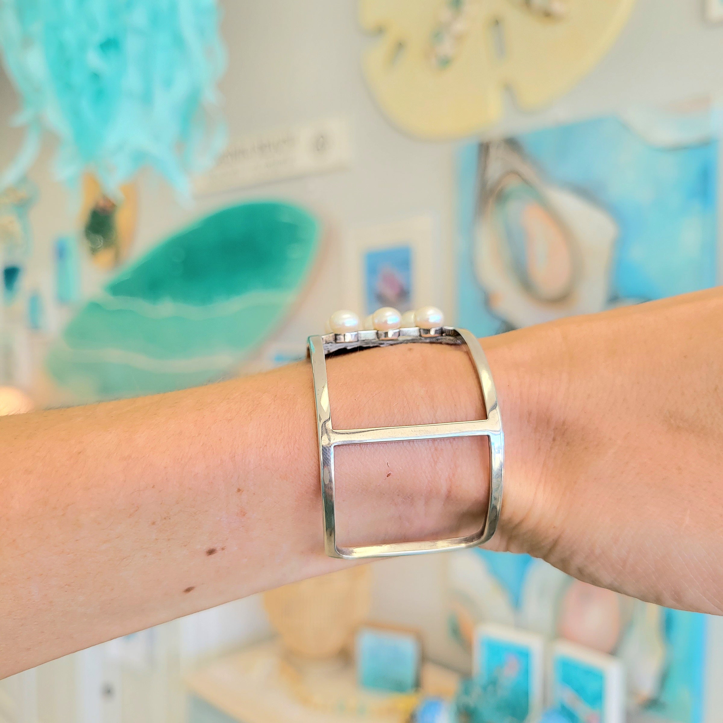 Leathered Salmon Skin w/Freshwater Pearls Sterling Silver Cuff Bracelet