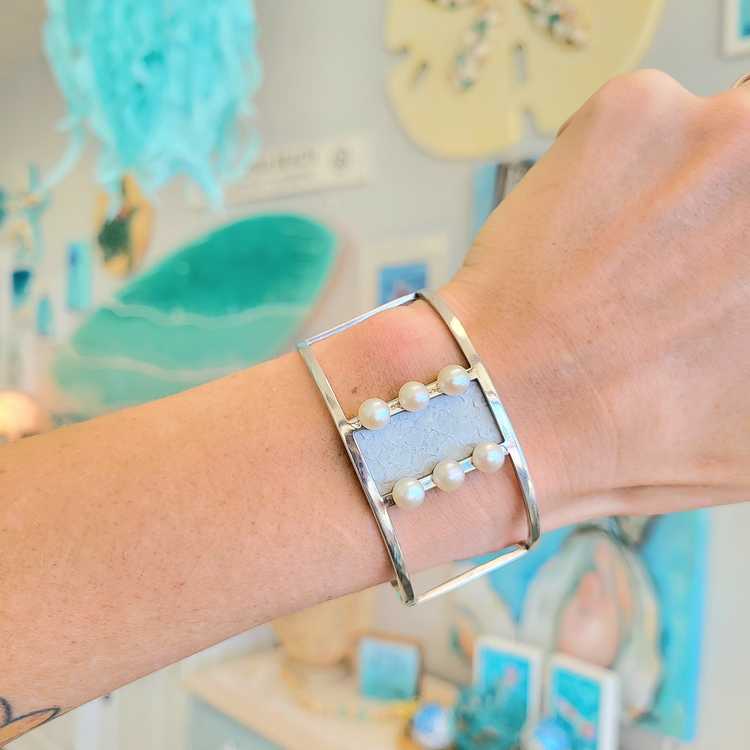 Leathered Salmon Skin w/Freshwater Pearls Sterling Silver Cuff Bracelet
