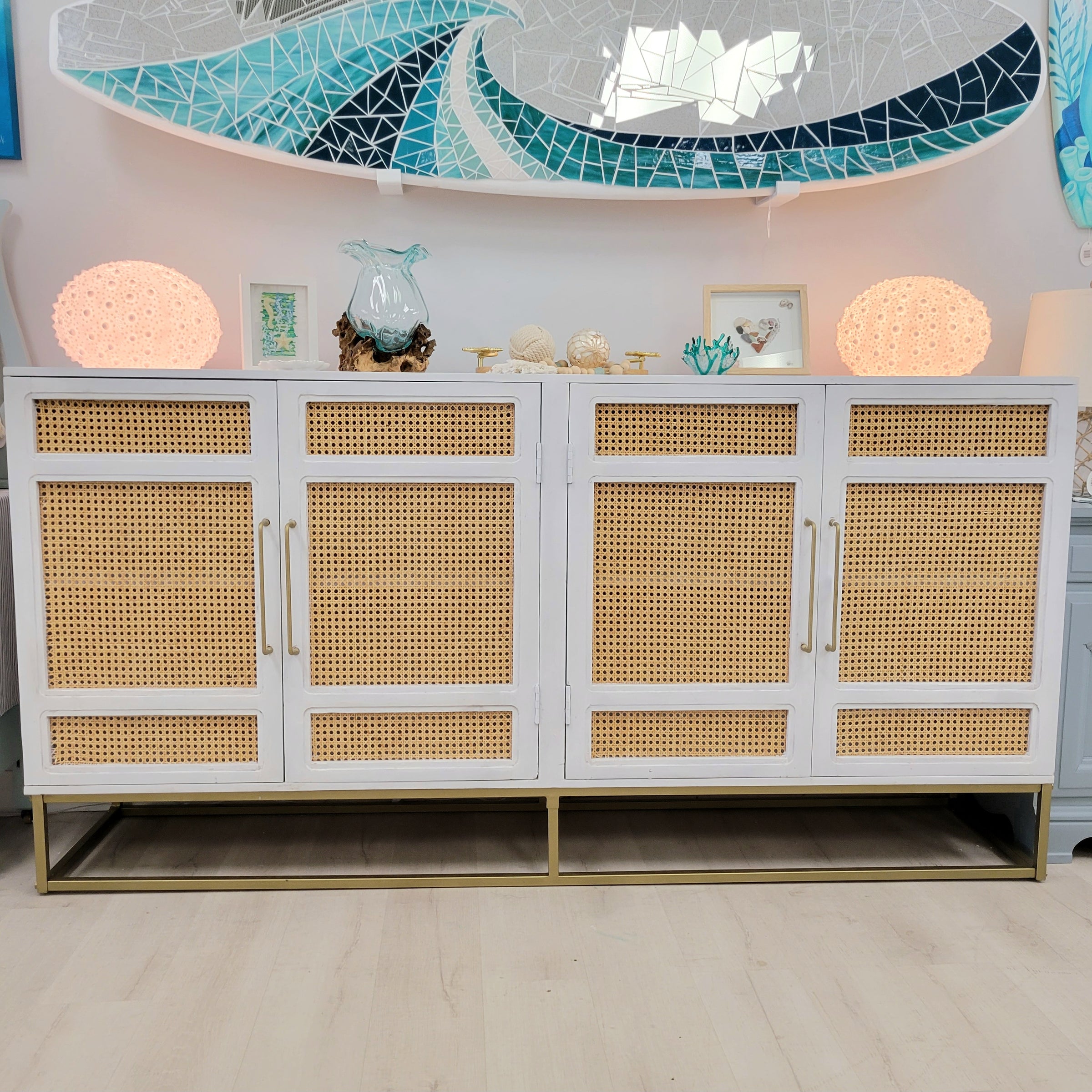 Biscayne White 4-Door Cane Cabinet