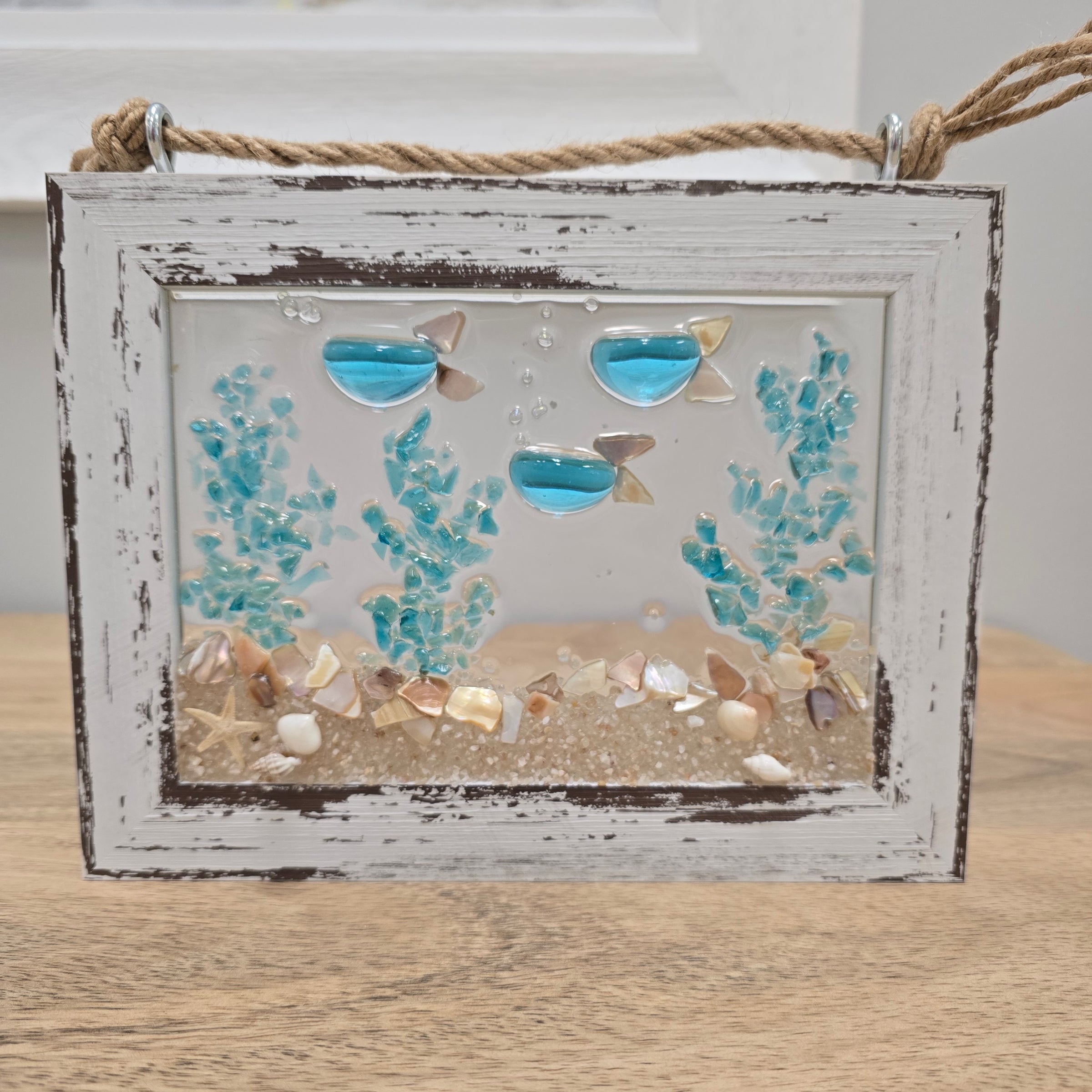 Assorted Coastal Glass Art w/ Shells, Glass, Resin, Sand- 5"x 7"