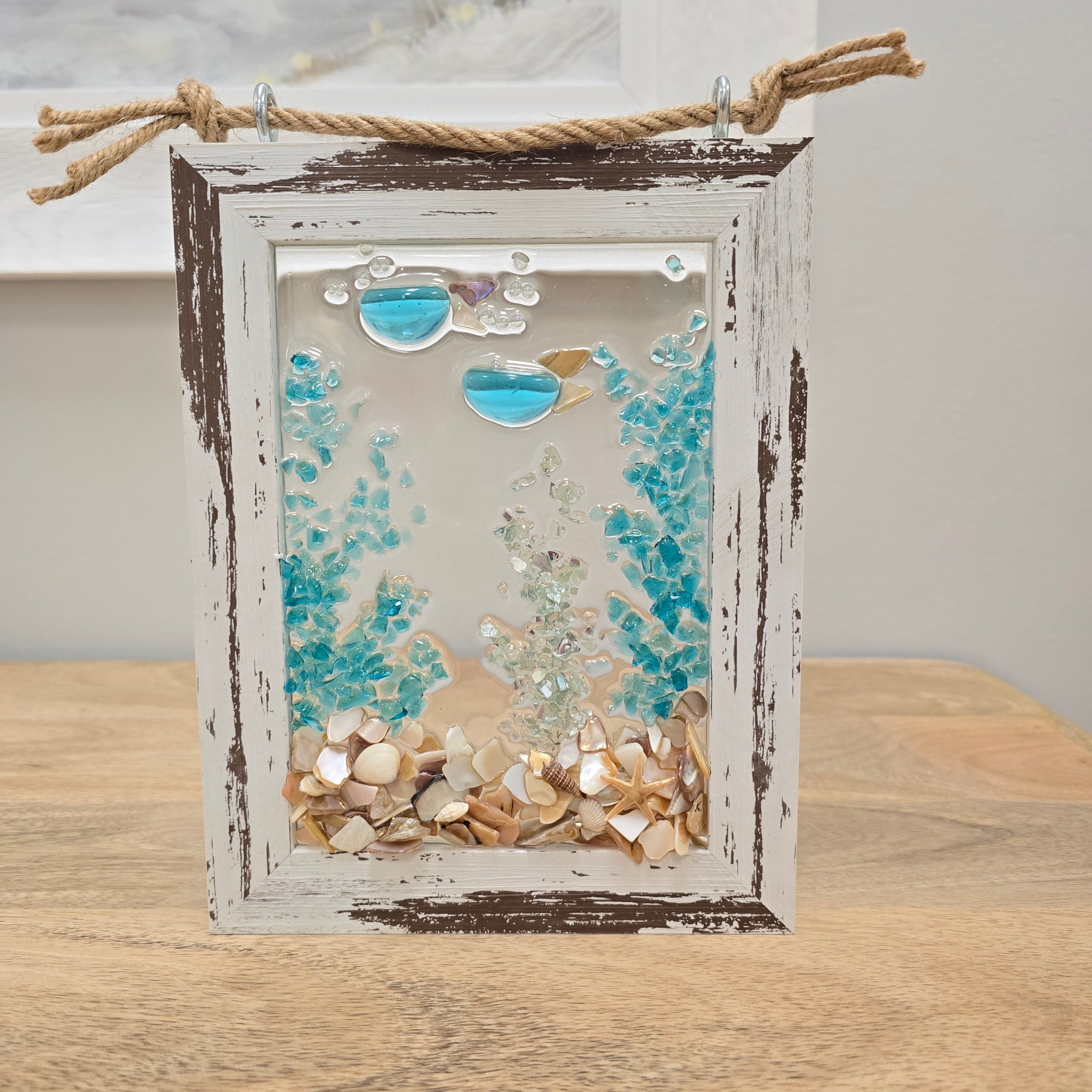Assorted Coastal Glass Art w/ Shells, Glass, Resin, Sand- 5"x 7"