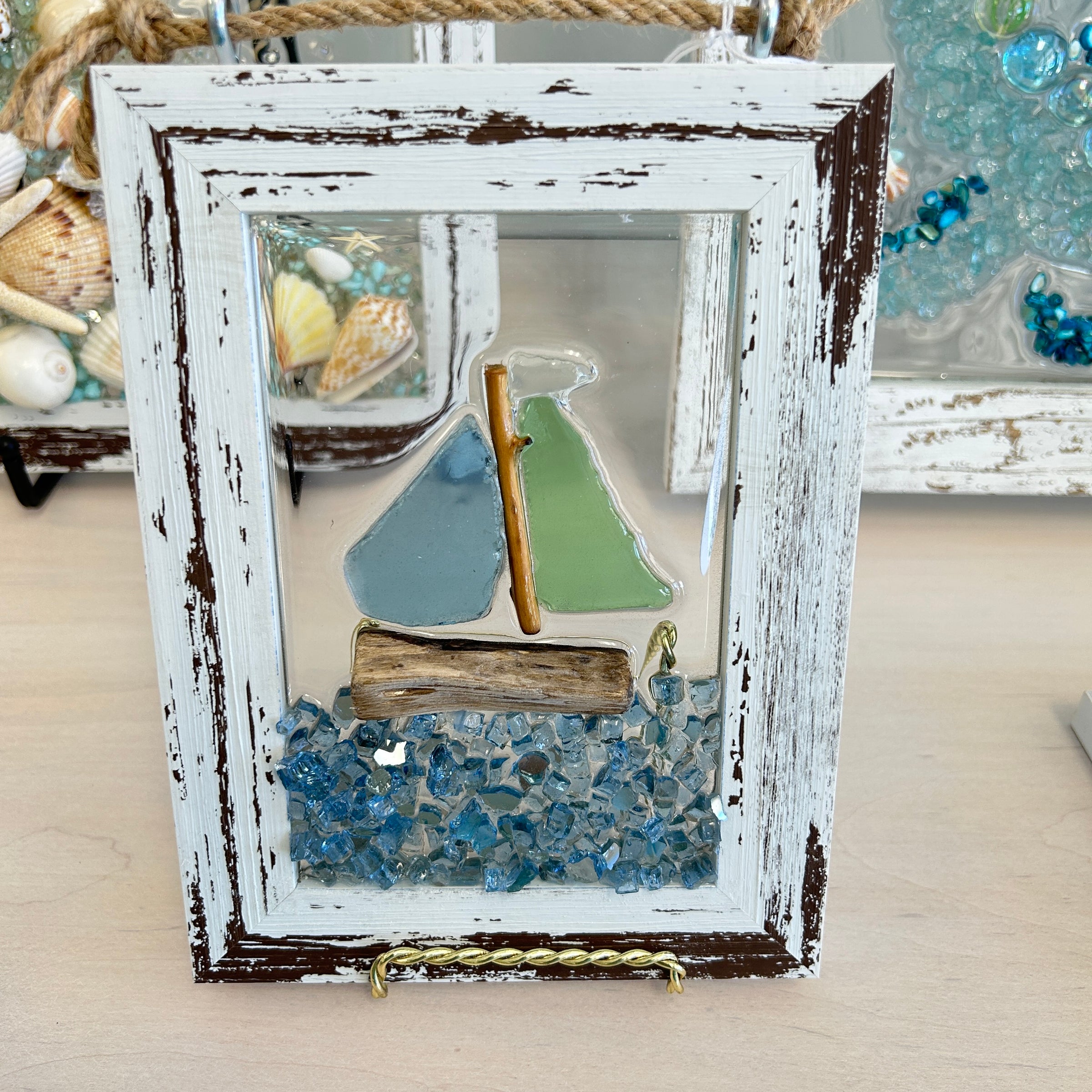 Coastal Glass Art w/ Shells, Glass, Resin, Sand- 4"x 6"