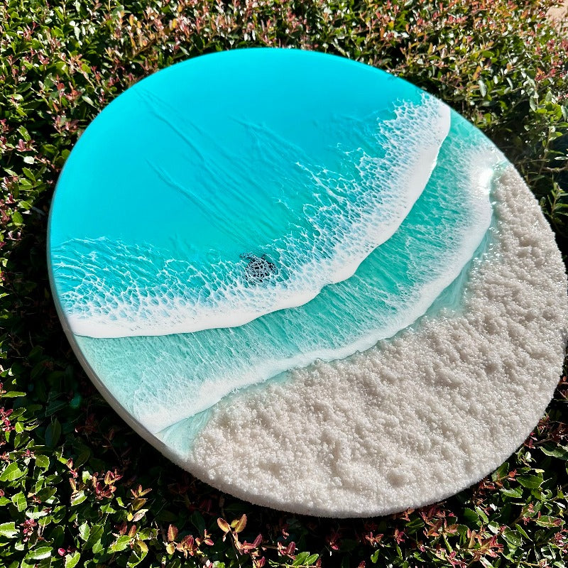 Round Beach Inspired Emerald Resin & White Sand Coastal Scene with Sea Turtle 18" - Sunshine & Sweet Pea's Coastal Decor