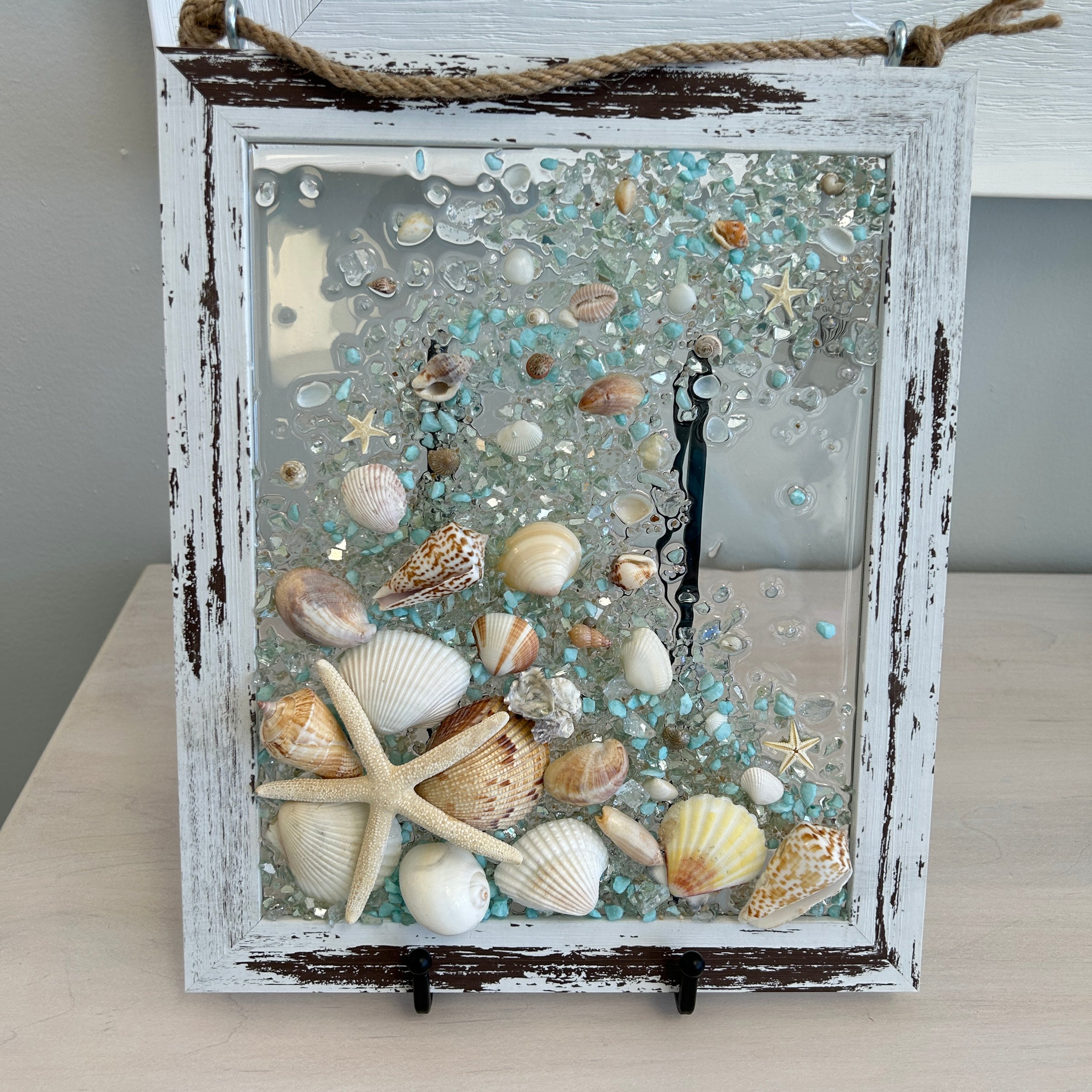 Coastal Glass Art w/ Shells, Glass, Resin, Sand- 8"x10"