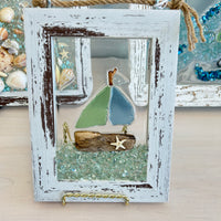 Coastal Glass Art w/ Shells, Glass, Resin, Sand- 4"x 6"