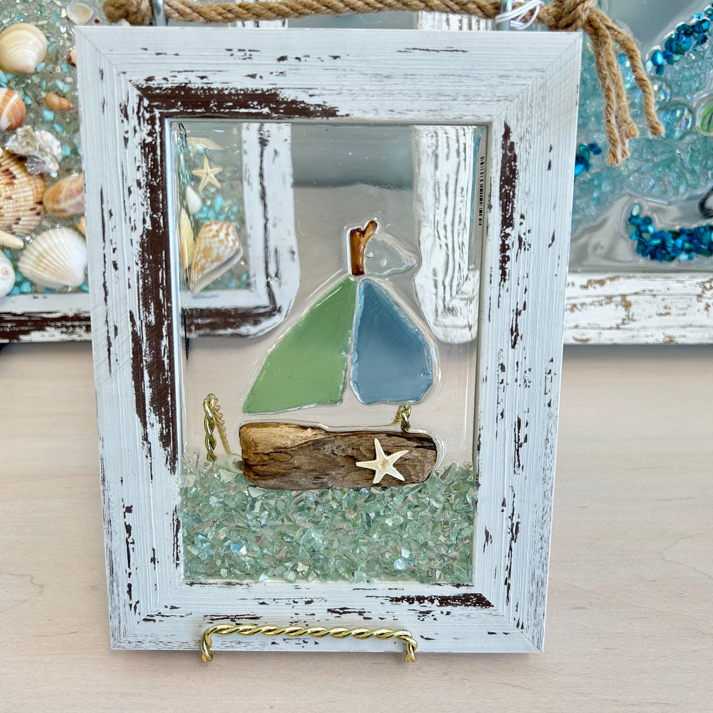 Coastal Glass Art w/ Shells, Glass, Resin, Sand- 4"x 6"
