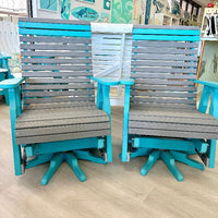 Driftwood Gray on Aruba Blue Poly Outdoor Furniture Rollback Swivel Gliders - Sunshine & Sweet Pea's Coastal Decor