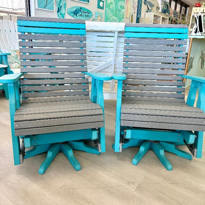 Driftwood Gray on Aruba Blue Poly Outdoor Furniture Rollback Swivel Gliders - Sunshine & Sweet Pea's Coastal Decor
