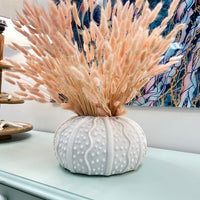 Round Sea Urchin Vase Blush Bunny Tail Arrangement Sunshine & Sweet Peas Coastal Decor