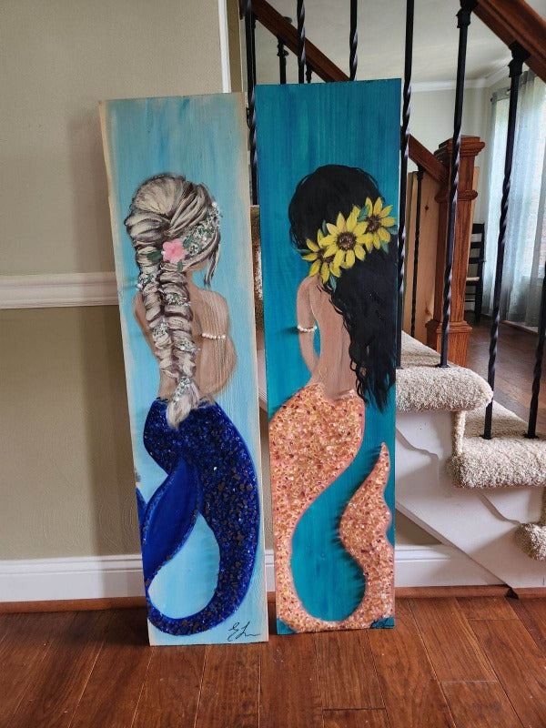 Custom Mermaid on Wood with Matte Finish & Embellishments Commission - Sunshine & Sweet Pea's Coastal Decor