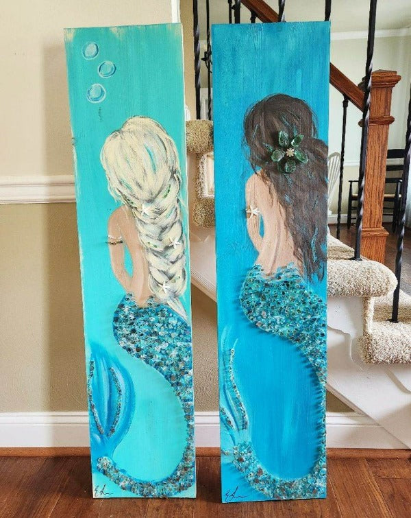 Custom Mermaid on Wood with Matte Finish & Embellishments Commission - Sunshine & Sweet Pea's Coastal Decor