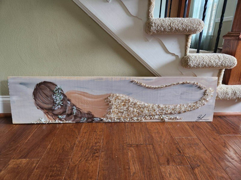 Custom Mermaid on Wood with Matte Finish & Embellishments Commission - Sunshine & Sweet Pea's Coastal Decor