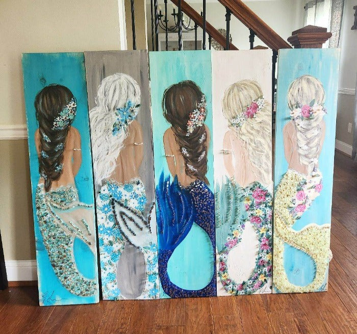Custom Mermaid on Wood with Matte Finish & Embellishments Commission - Sunshine & Sweet Pea's Coastal Decor