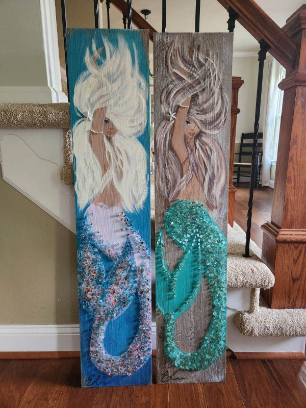 Custom Mermaid on Wood with Matte Finish & Embellishments Commission - Sunshine & Sweet Pea's Coastal Decor