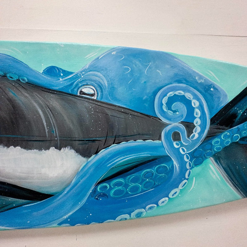 Great White Shark & Octopus on Wooden Surfboard - Sunshine & Sweet Pea's Coastal Decor