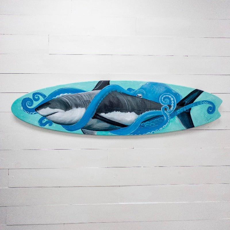 Great White Shark & Octopus on Wooden Surfboard - Sunshine & Sweet Pea's Coastal Decor