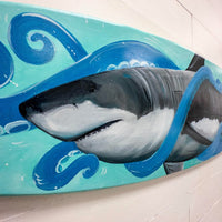Great White Shark & Octopus on Wooden Surfboard - Sunshine & Sweet Pea's Coastal Decor