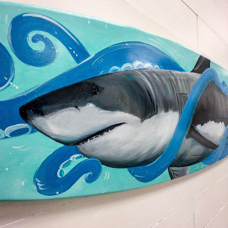 Great White Shark & Octopus on Wooden Surfboard - Sunshine & Sweet Pea's Coastal Decor