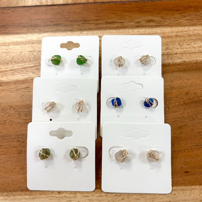Wire Wrapped Sea Glass Stud Earrings - Sunshine & Sweet Pea's Coastal Decor