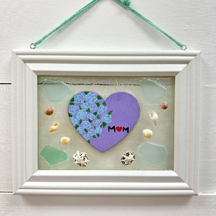"Mom" Wooden Heart w/Sea Glass & Seashells Glass Window - Sunshine & Sweet Pea's Coastal Decor