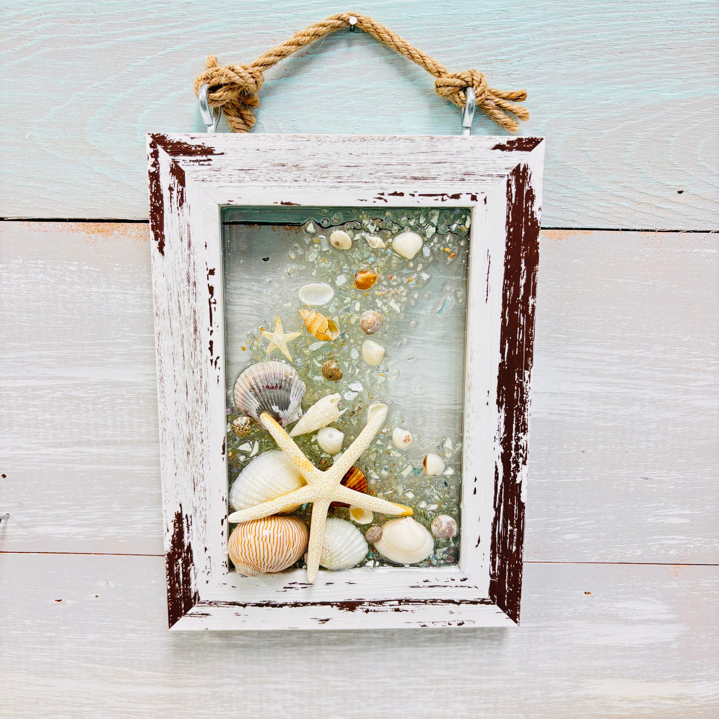 Coastal Glass Art w/ Shells, Glass, Resin, Sand- 4"x 6"