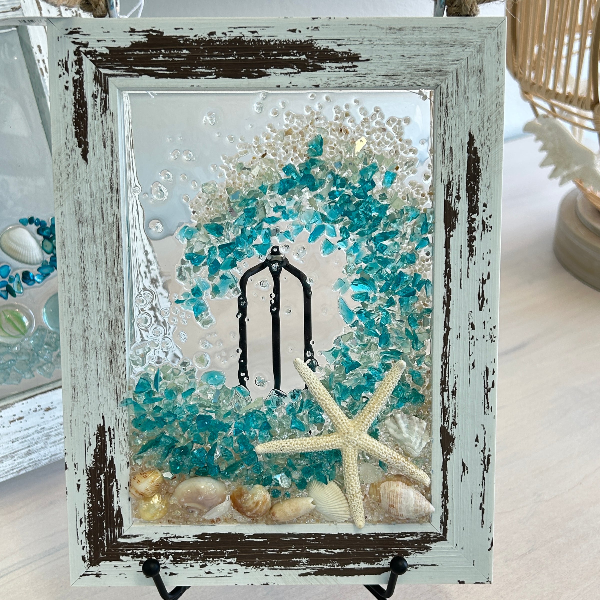 Assorted Coastal Glass Art w/ Shells, Glass, Resin, Sand- 5"x 7"