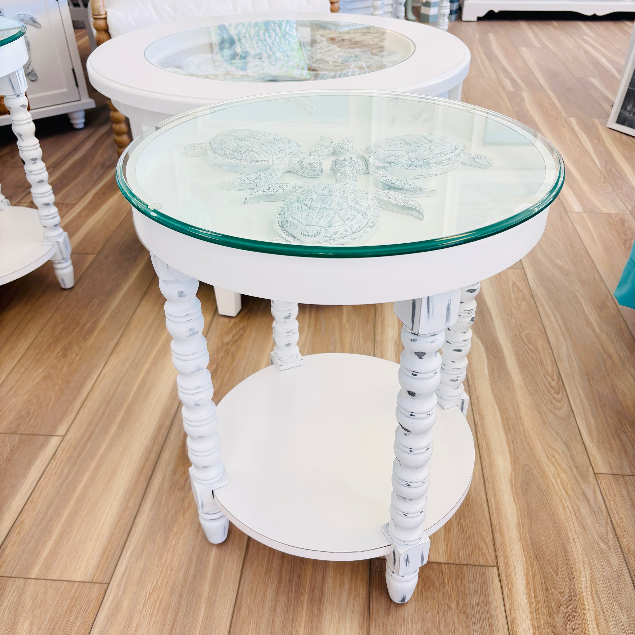 Shadow Box Side Table w/ 3D icons and Glass Top