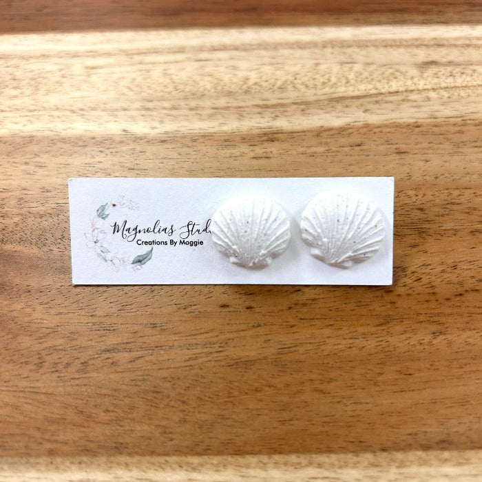 Scallop Shell Stud Polymer Clay Earrings White - Sunshine & Sweet Pea's Coastal Decor