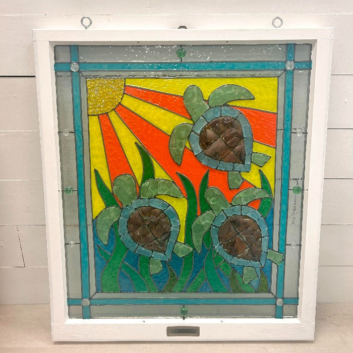 Assorted Sea Turtle Painted Window w/Sea Glass - Sunshine & Sweet Pea's Coastal Decor