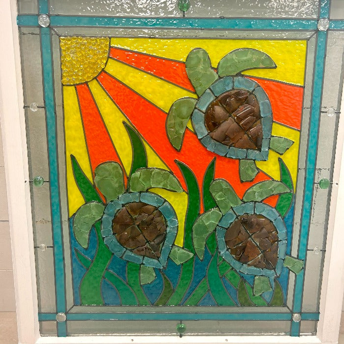 Assorted Sea Turtle Painted Window w/Sea Glass - Sunshine & Sweet Pea's Coastal Decor
