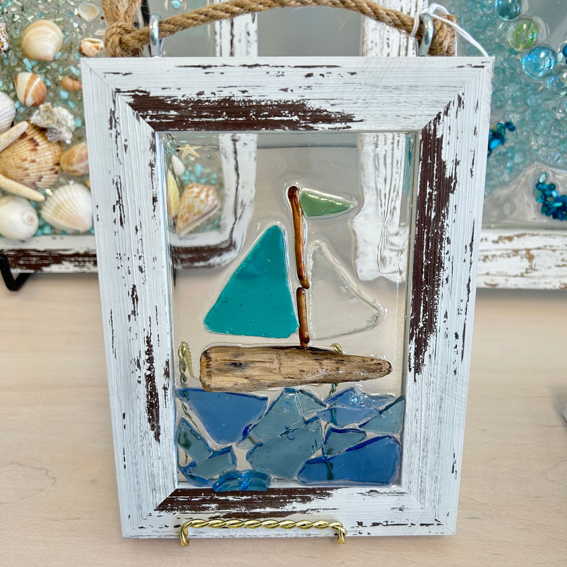Coastal Glass Art w/ Shells, Glass, Resin, Sand- 4"x 6"