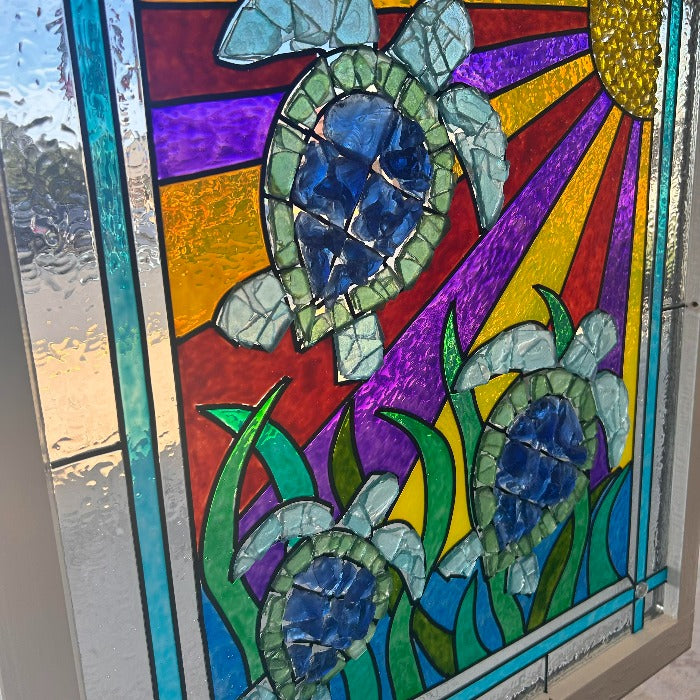 Assorted Sea Turtle Painted Window w/Sea Glass - Sunshine & Sweet Pea's Coastal Decor