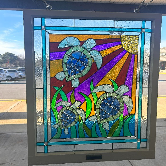 Assorted Sea Turtle Painted Window w/Sea Glass - Sunshine & Sweet Pea's Coastal Decor