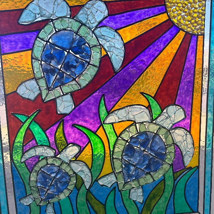 Assorted Sea Turtle Painted Window w/Sea Glass - Sunshine & Sweet Pea's Coastal Decor