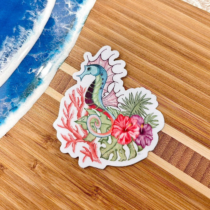 Seahorse & Monstera Leaf Weatherproof Sticker - Sunshine & Sweet Pea's Coastal Decor