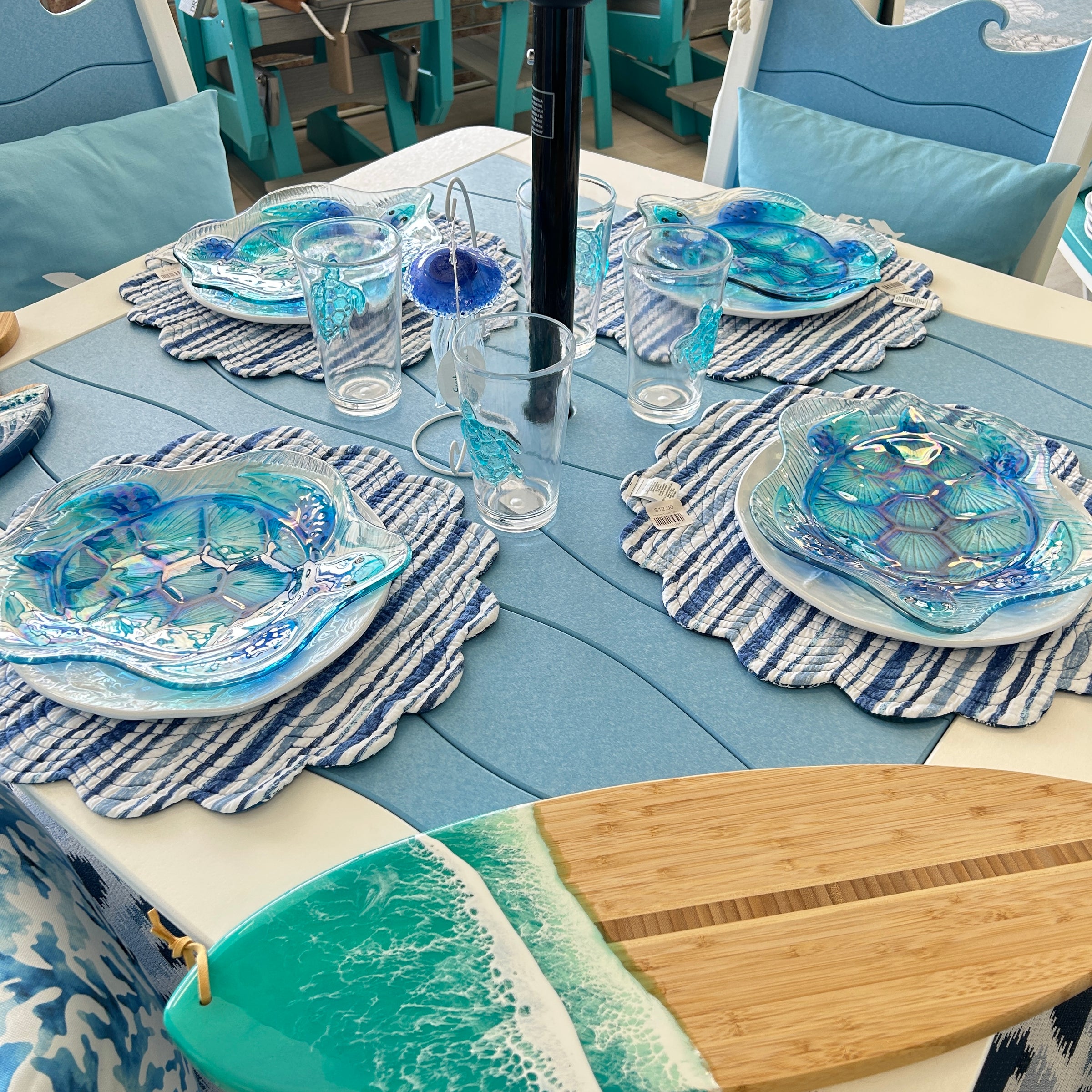 Poly Outdoor Furniture Wave Design Dining Height Table Set w/ 9ft Umbrella and Chair Cushions