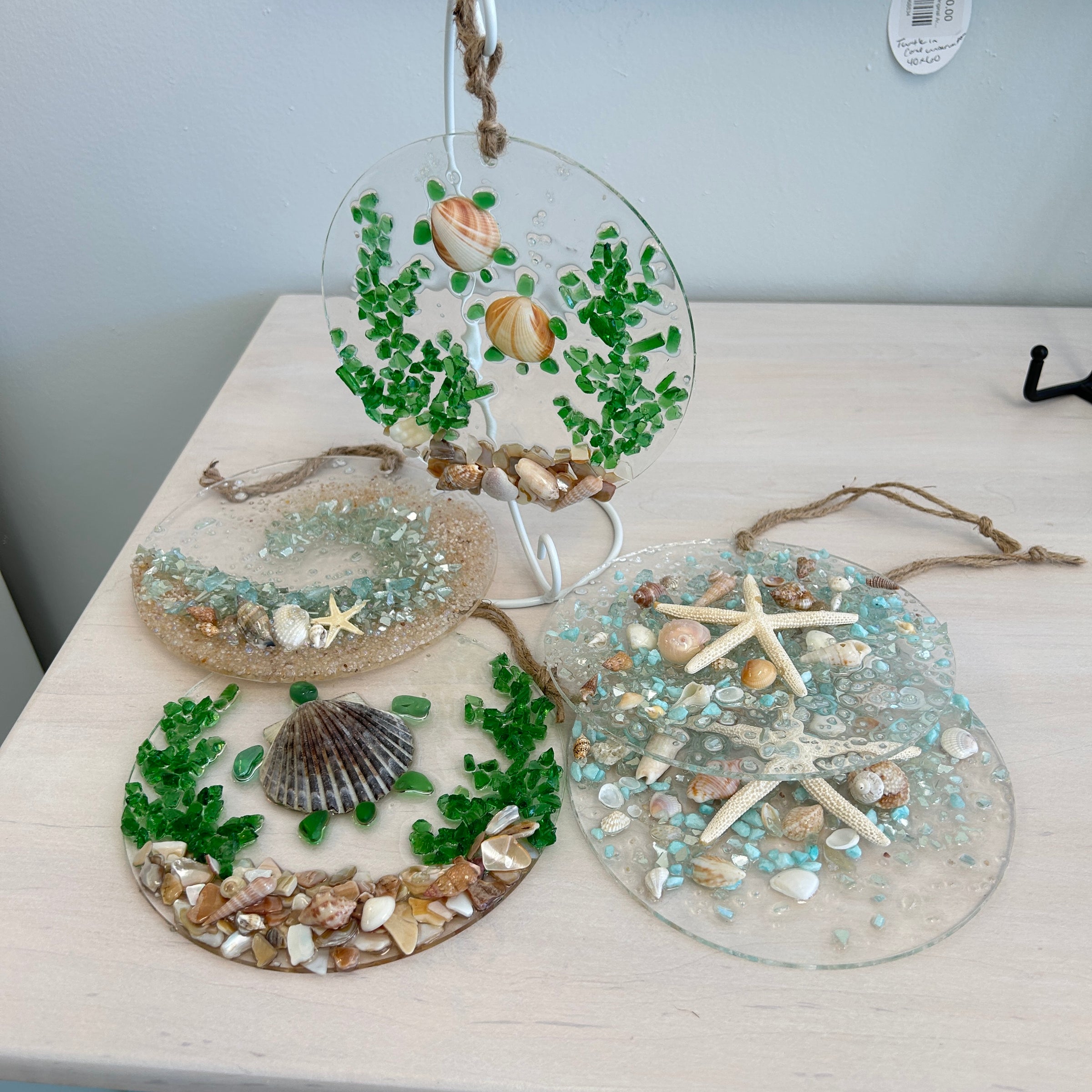 Assorted 6" Acrylic Coastal Suncatchers/Ornaments w/ Glass, Shells, Sand, & Resin