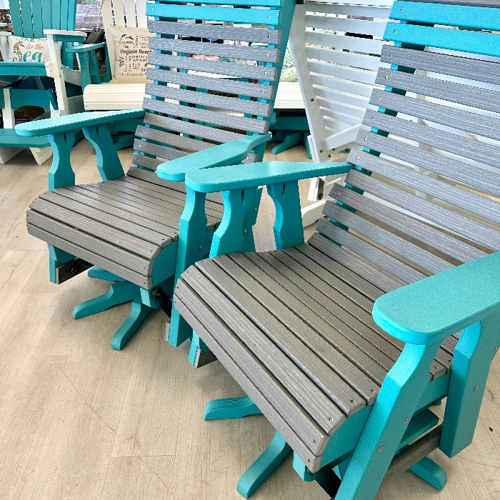 Driftwood Gray on Aruba Blue Poly Outdoor Furniture Rollback Swivel Gliders - Sunshine & Sweet Pea's Coastal Decor