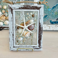 Coastal Glass Art w/ Shells, Glass, Resin, Sand- 4"x 6"