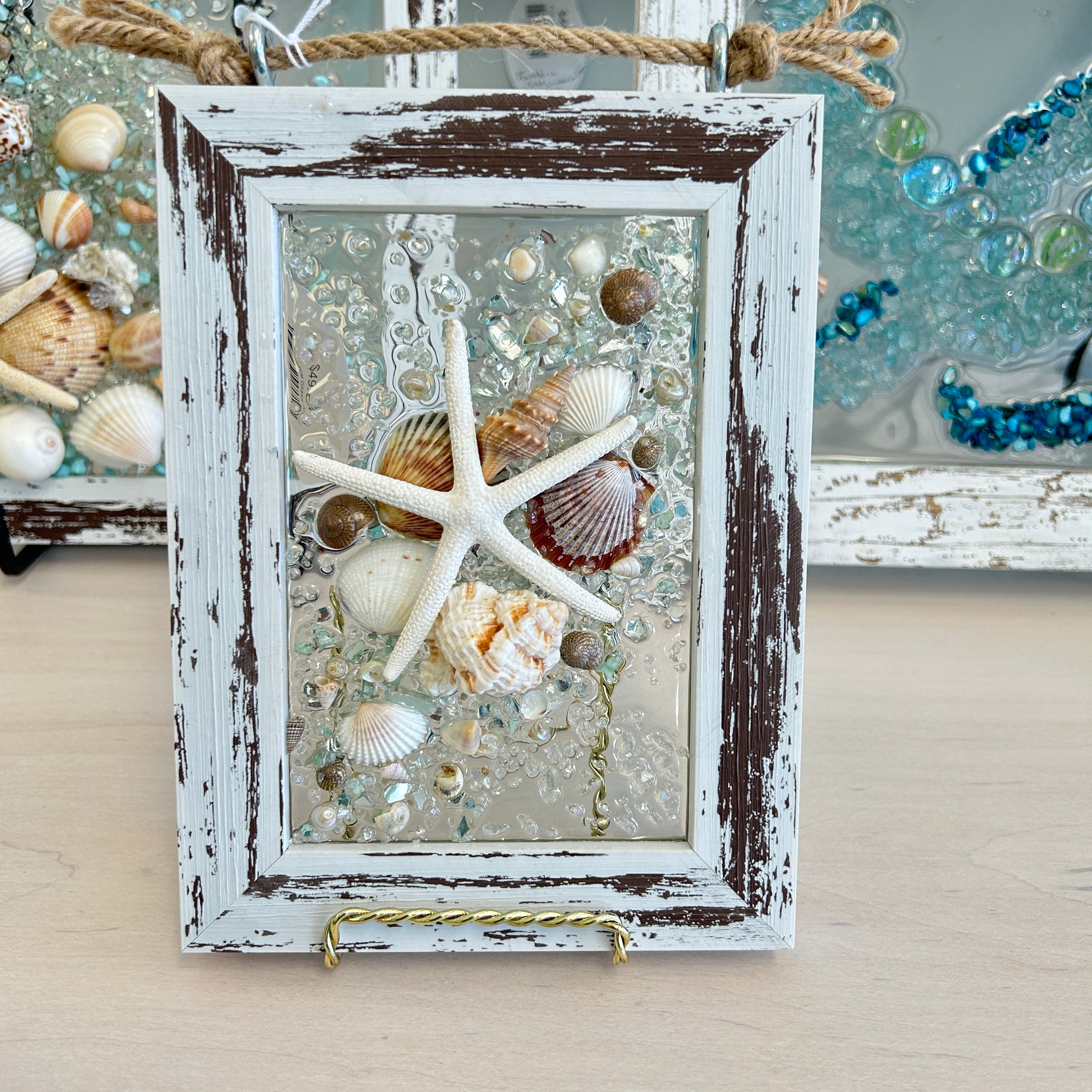 Coastal Glass Art w/ Shells, Glass, Resin, Sand- 4"x 6"