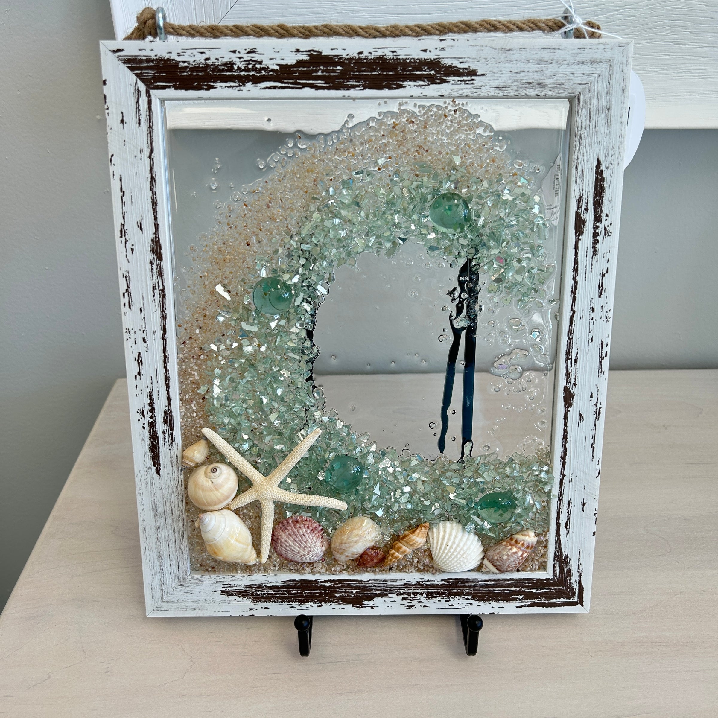 Coastal Glass Art w/ Shells, Glass, Resin, Sand- 8"x10"